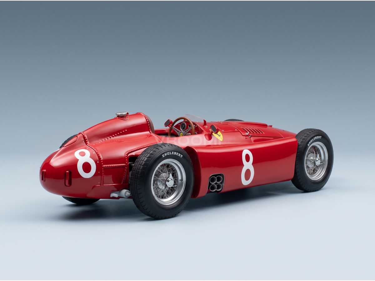 Red Ferrari 8 scale model car with Englebert tires, showcased by Vroomi for collectors.