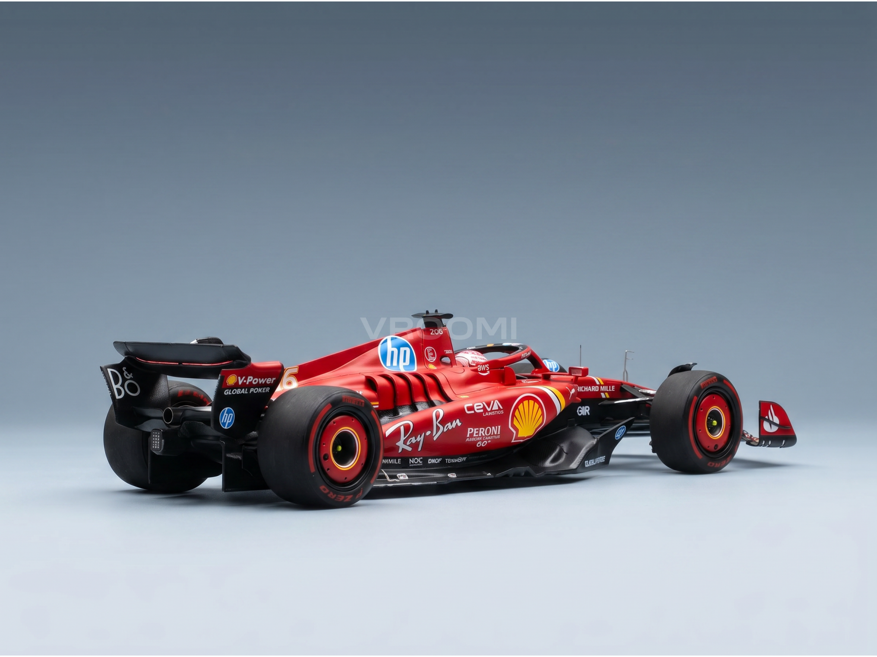modellino in scala di una Ferrari F1 rossa modellino i loghi Shell e Ray-Ban, presentato da Vroomi per i collezionisti.