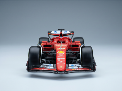 Maqueta a escala de un Ferrari F1 rojo con los logotipos de Shell y HP, presentada por Vroomi para coleccionistas.