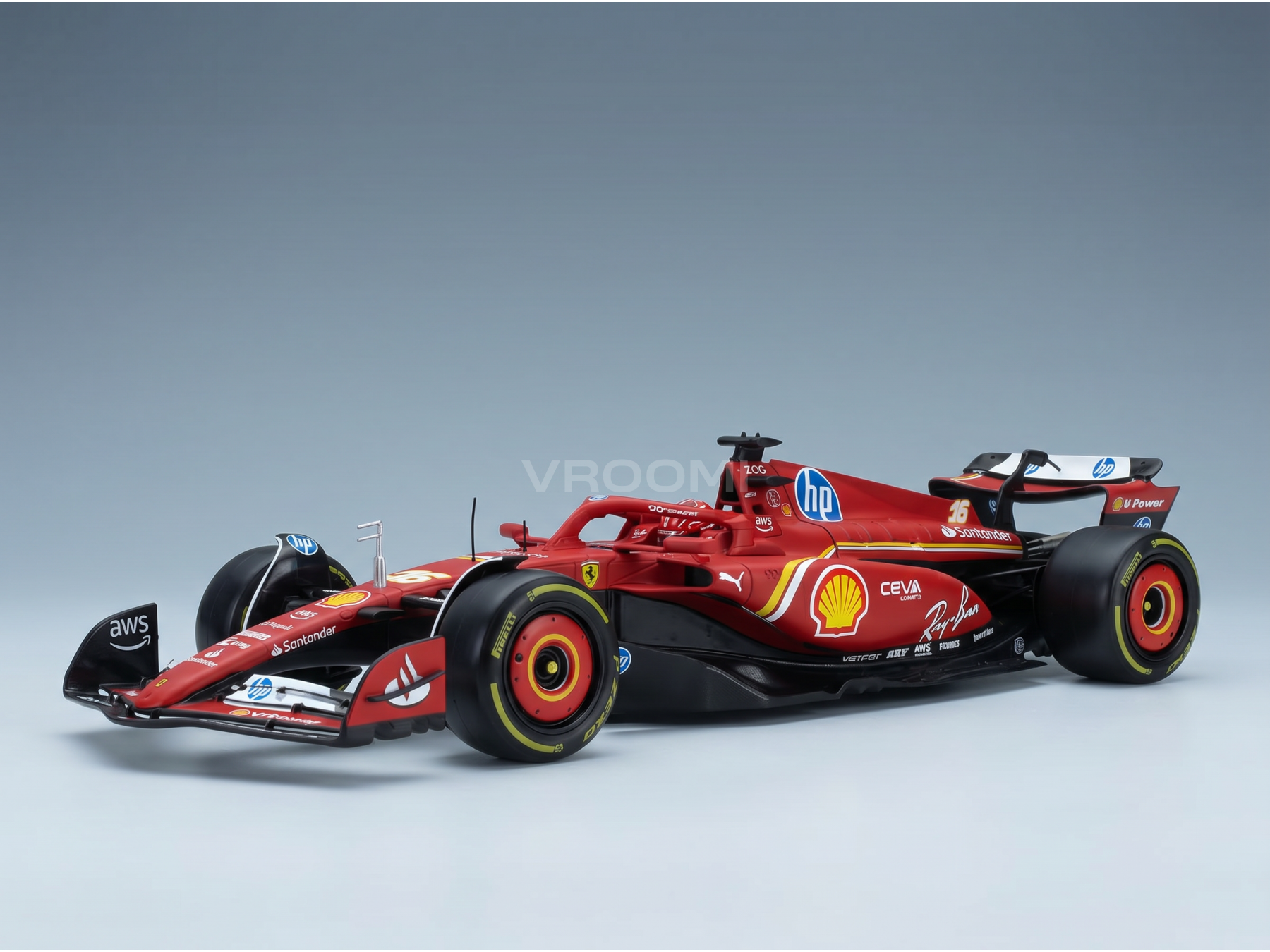 Rood Ferrari-schaalmodel met Shell- en HP-logo’s, gepresenteerd door Vroomi voor verzamelaars.