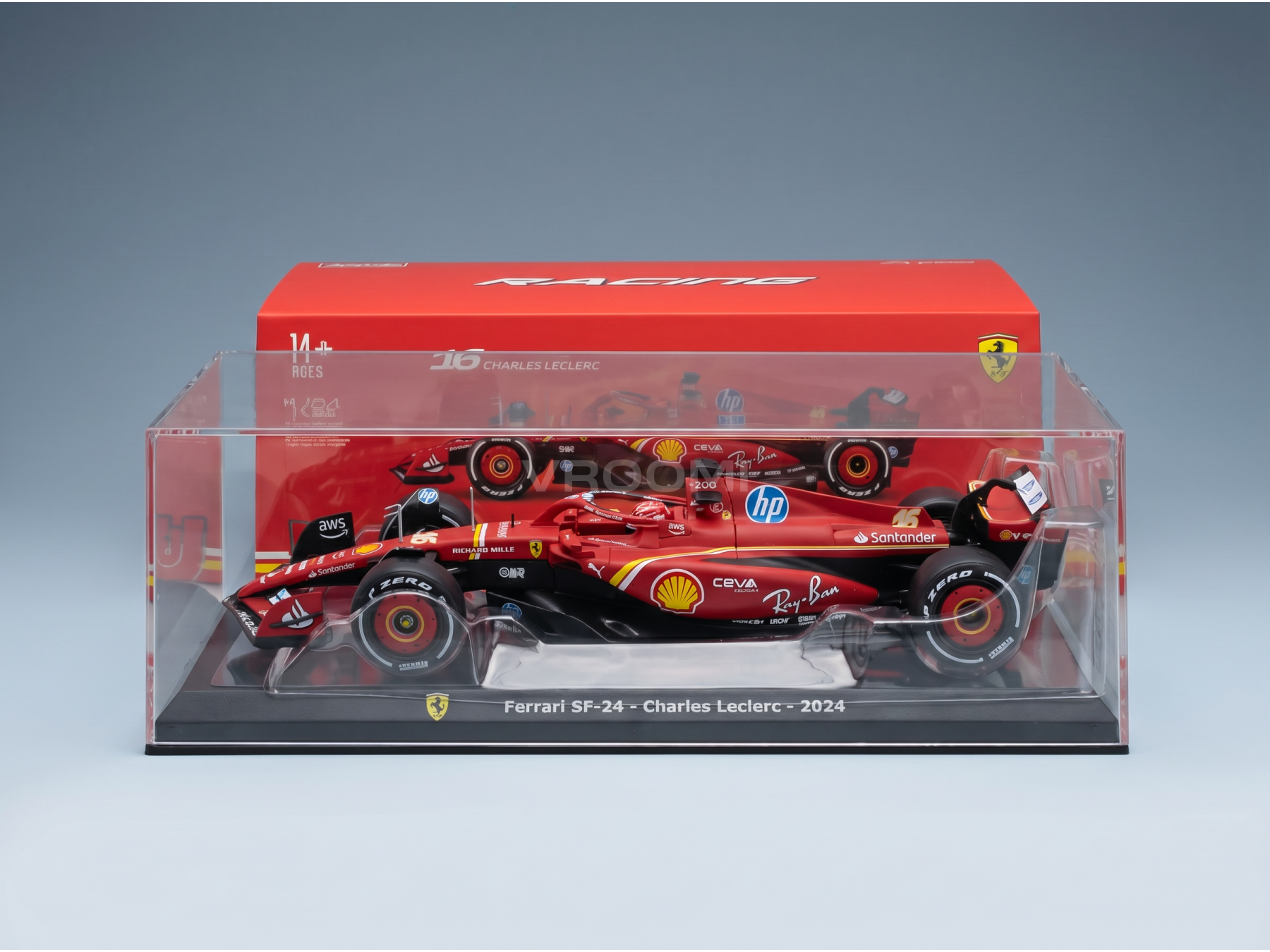 Modèle réduit de la Ferrari SF-24 de Charles Leclerc 2024 dans un coffret de présentation, édition collector Vroomi