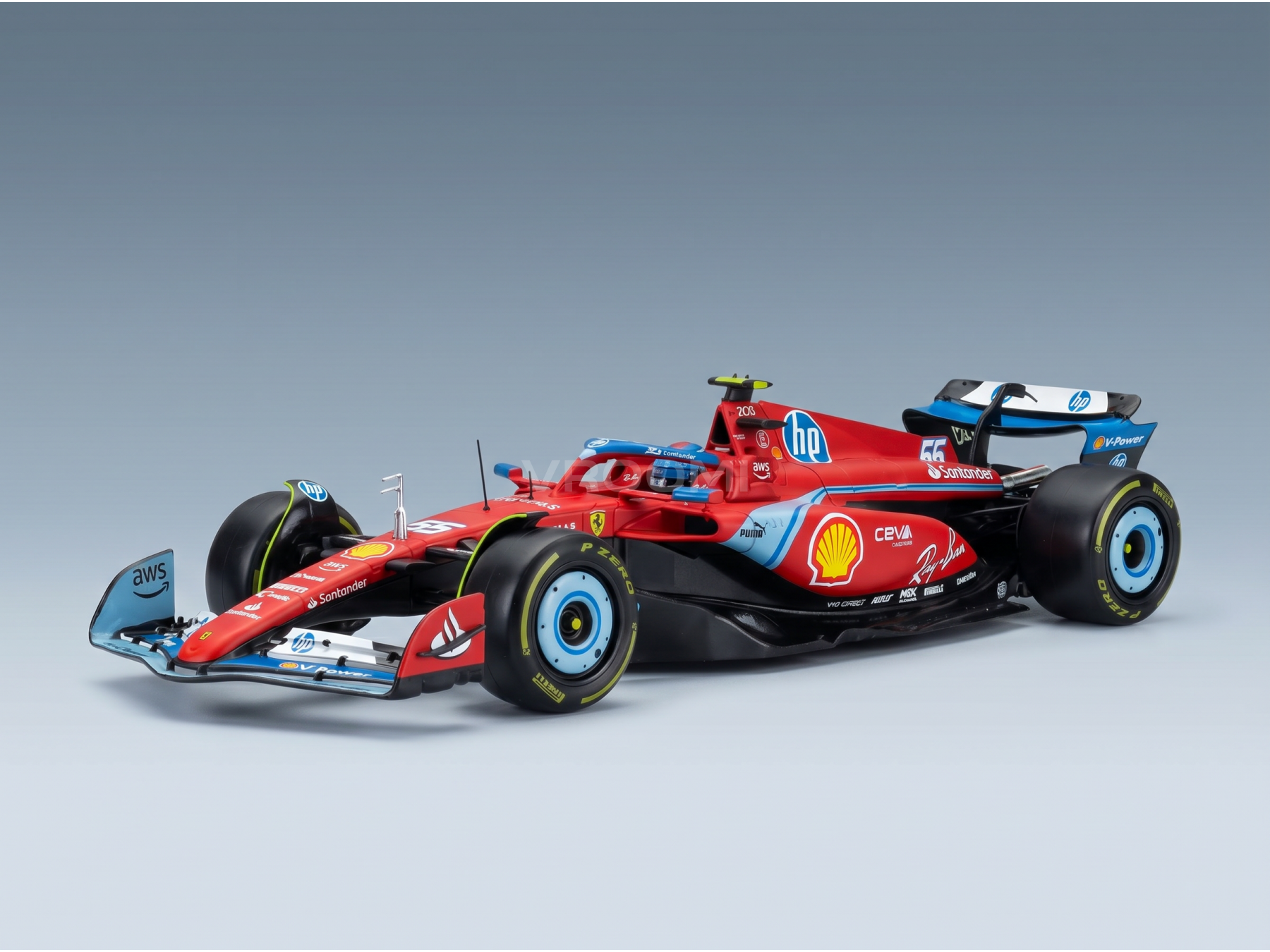 Maqueta a escala de un Ferrari F1 rojo con los colores corporativos de Shell, HP y AWS — réplica de colección en Vroomi