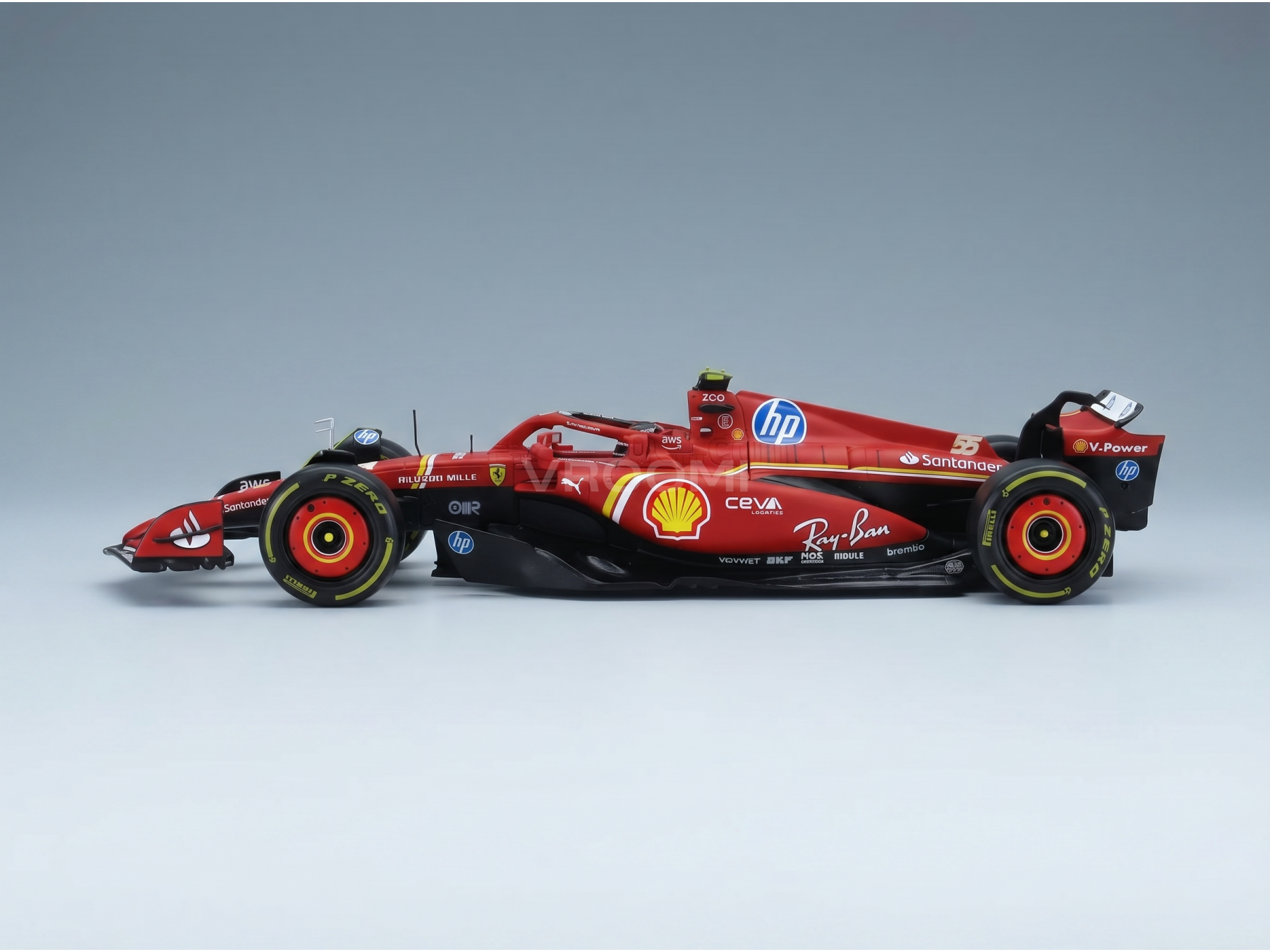 modellino in scala di una Ferrari F1 rossa modellino i loghi Shell e HP, presentato da Vroomi per i collezionisti.