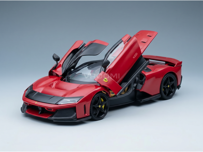 Rood Ferrari-schaalmodel met open deuren, gepresenteerd door Vroomi voor verzamelaars