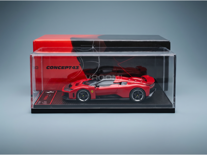 Red Ferrari scale model car in display case, Vroomi collection