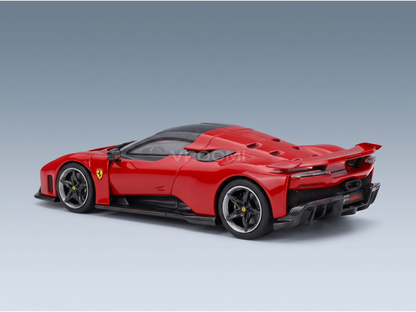 Red Ferrari scale model car with carbon fiber details, showcased for Vroomi collectors