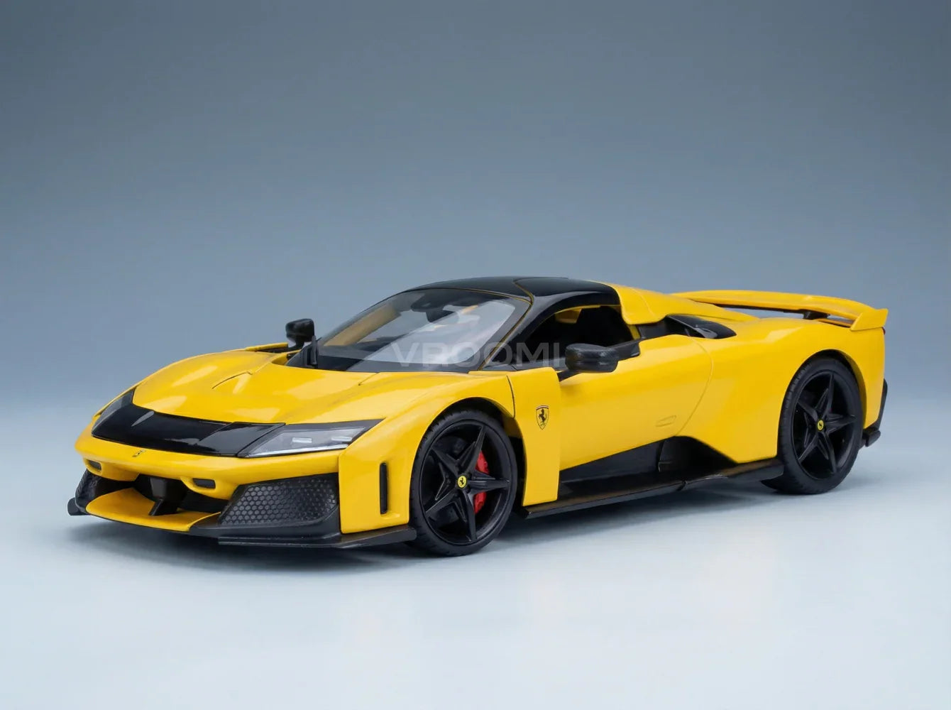 Yellow Ferrari scale model car with black accents, showcased by Vroomi for collectors
