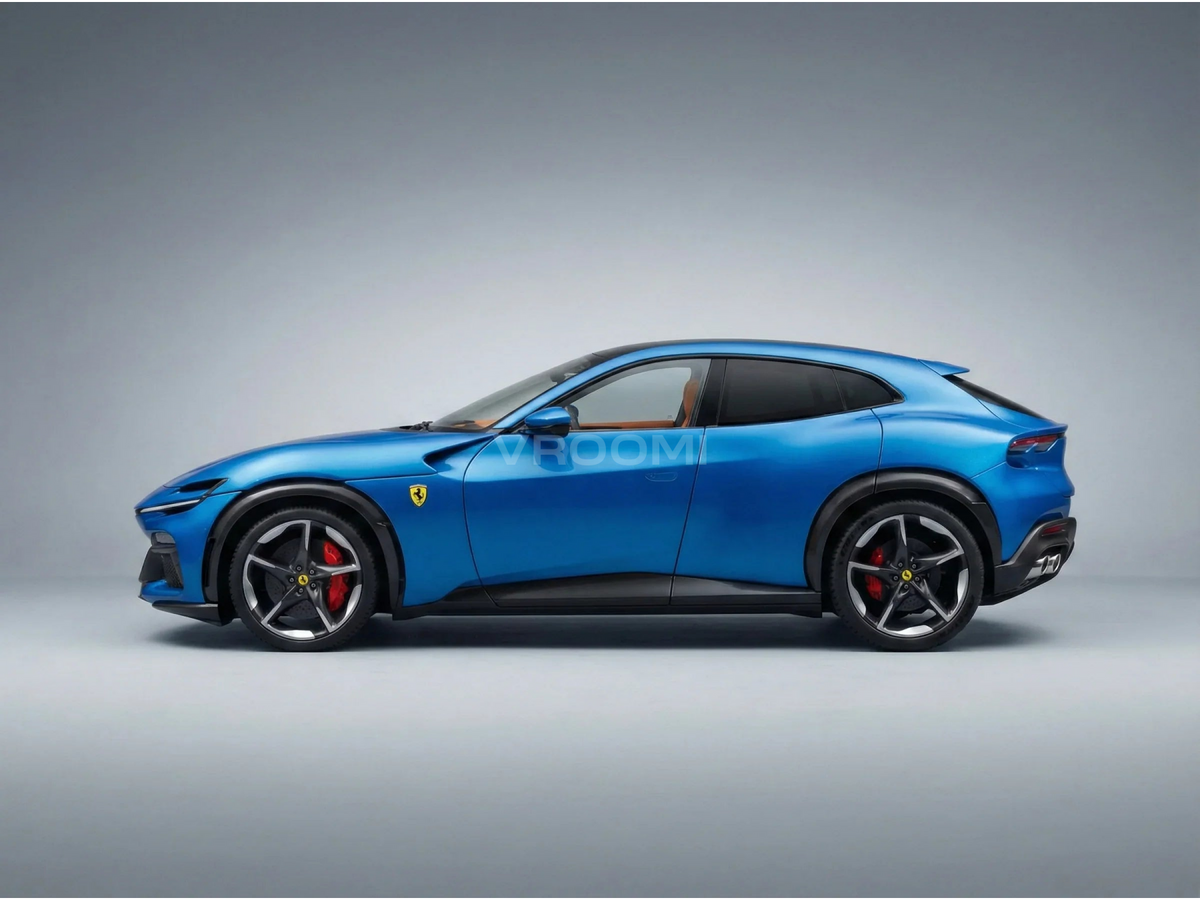 Blue Ferrari Purosangue scale model car with red brake calipers, showcased by Vroomi for collectors.