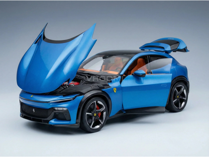 Blue Ferrari scale model car with open hood and doors, showcasing detailed engine and interior at Vroomi