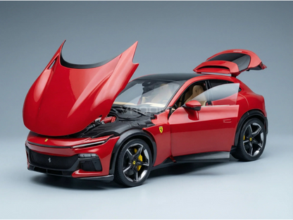 Rotes Ferrari-Modellauto mit geöffneter Motorhaube und geöffneten Türen, präsentiert von Vroomi für Sammler.