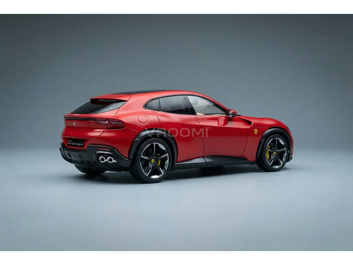Rotes Ferrari Purosangue-Modellauto von Vroomi, das sich durch ein elegantes Design und eine detailreiche Verarbeitung auszeichnet.