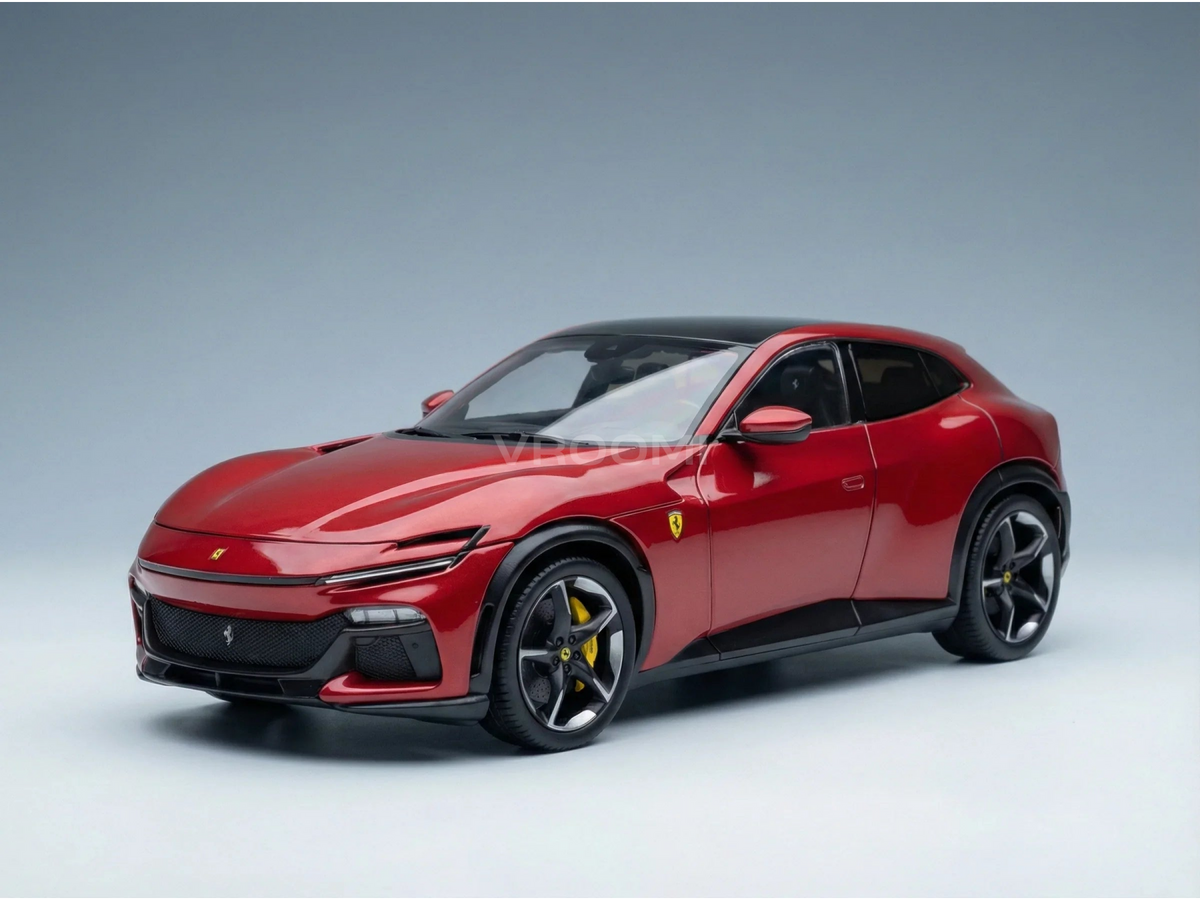 Red Ferrari scale model car with sleek design, showcased at Vroomi for collectors.