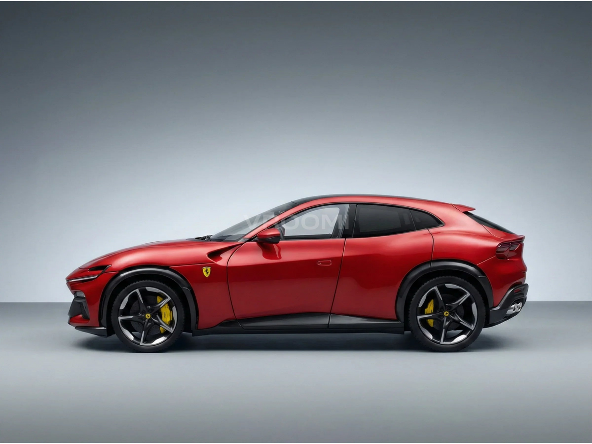 Red Ferrari Purosangue scale model car with yellow brake calipers, showcased by Vroomi for collectors.