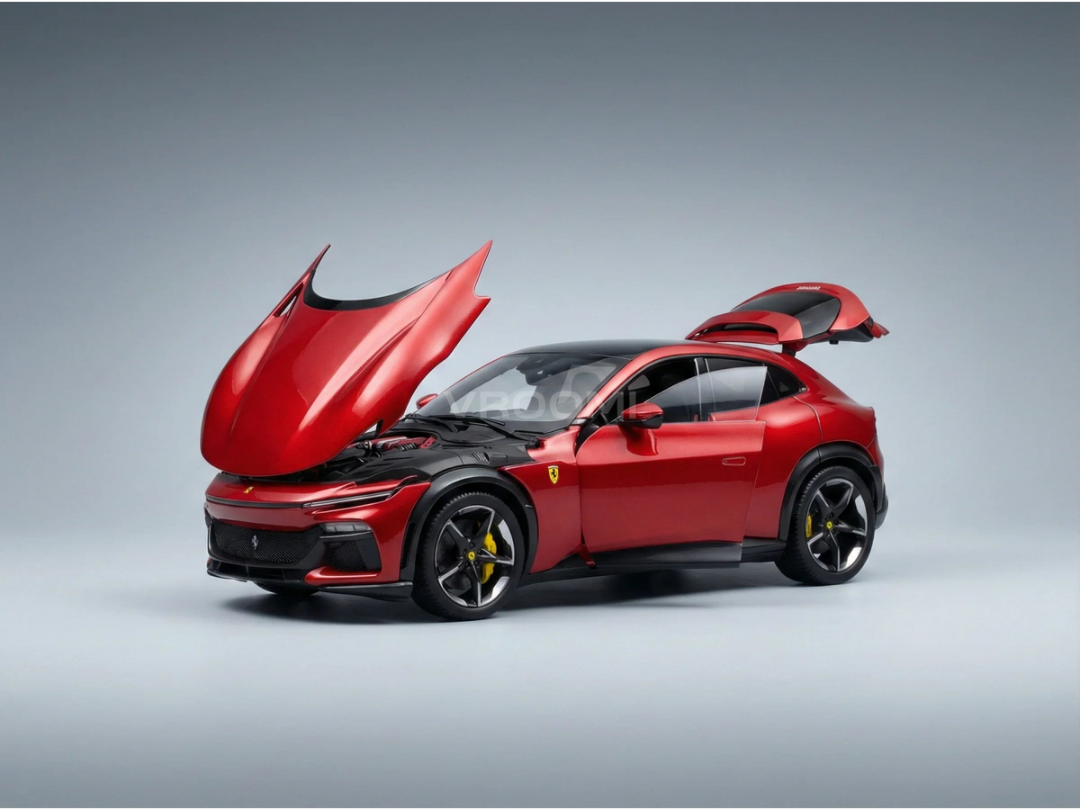 Red Ferrari scale model car with open hood and doors, showcased by Vroomi for collectors.