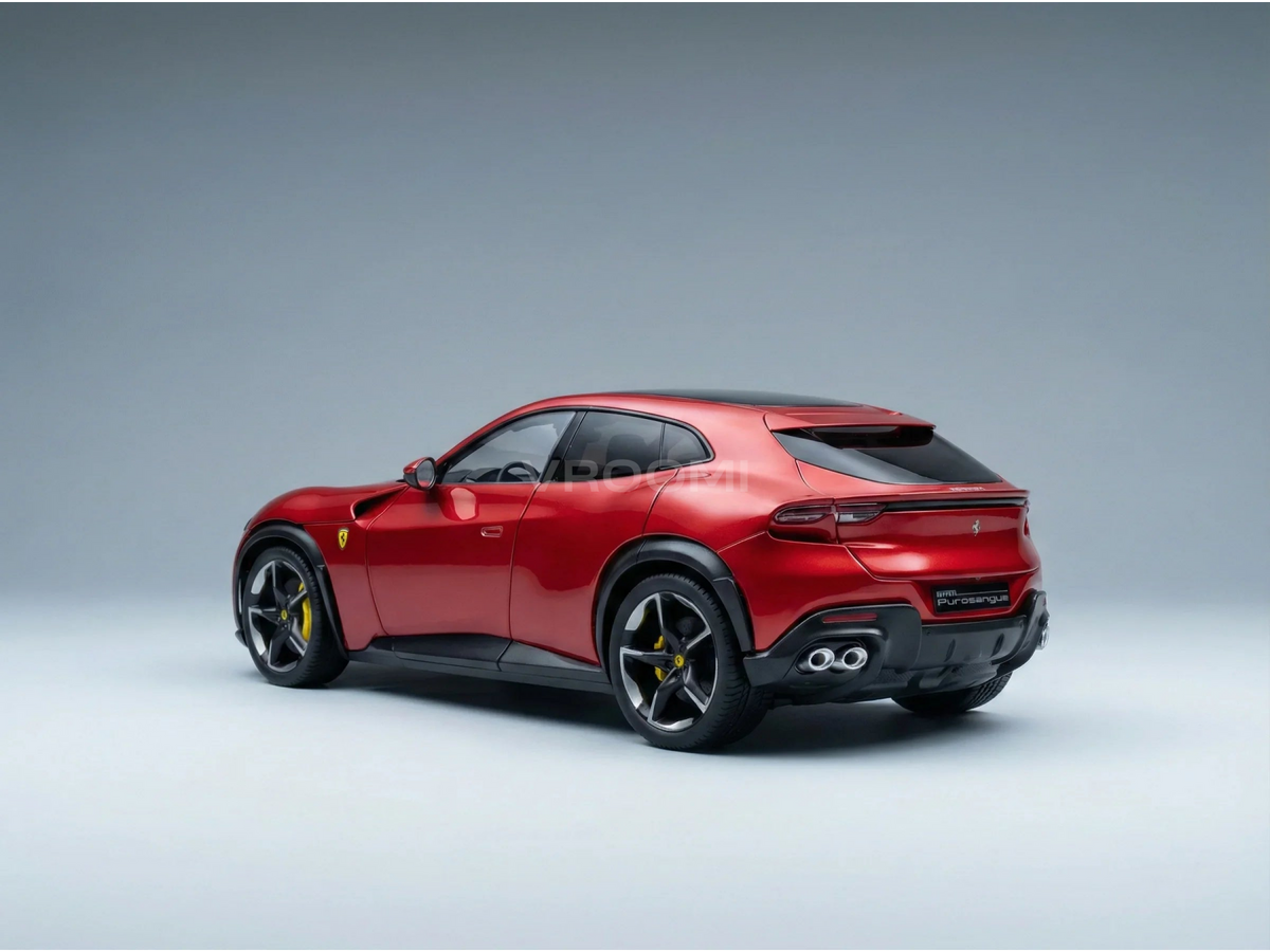 Red Ferrari Purosangue scale model car from Vroomi, showcasing sleek design and detailed craftsmanship.