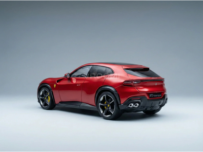 Red Ferrari Purosangue scale model car from Vroomi, showcasing sleek design and detailed craftsmanship.