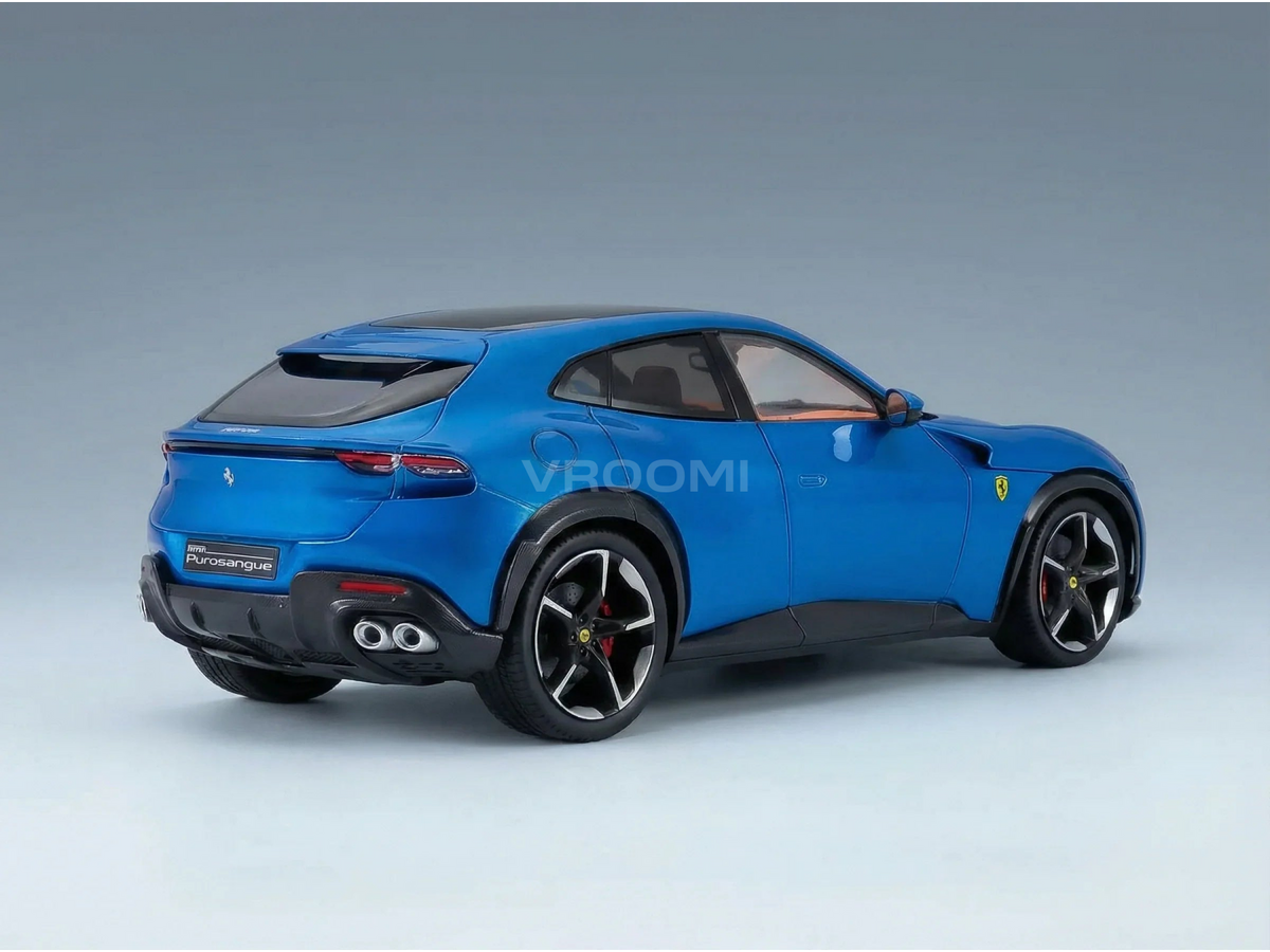 Blaues Ferrari Purosangue-Modellauto von Vroomi, das sich durch ein elegantes Design und eine detailreiche Verarbeitung auszeichnet