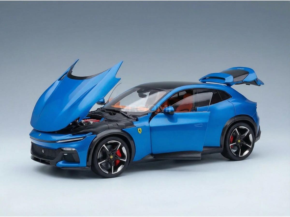Blaues Ferrari-Modellauto mit geöffneter Motorhaube und Türen, präsentiert von Vroomi für Sammler.