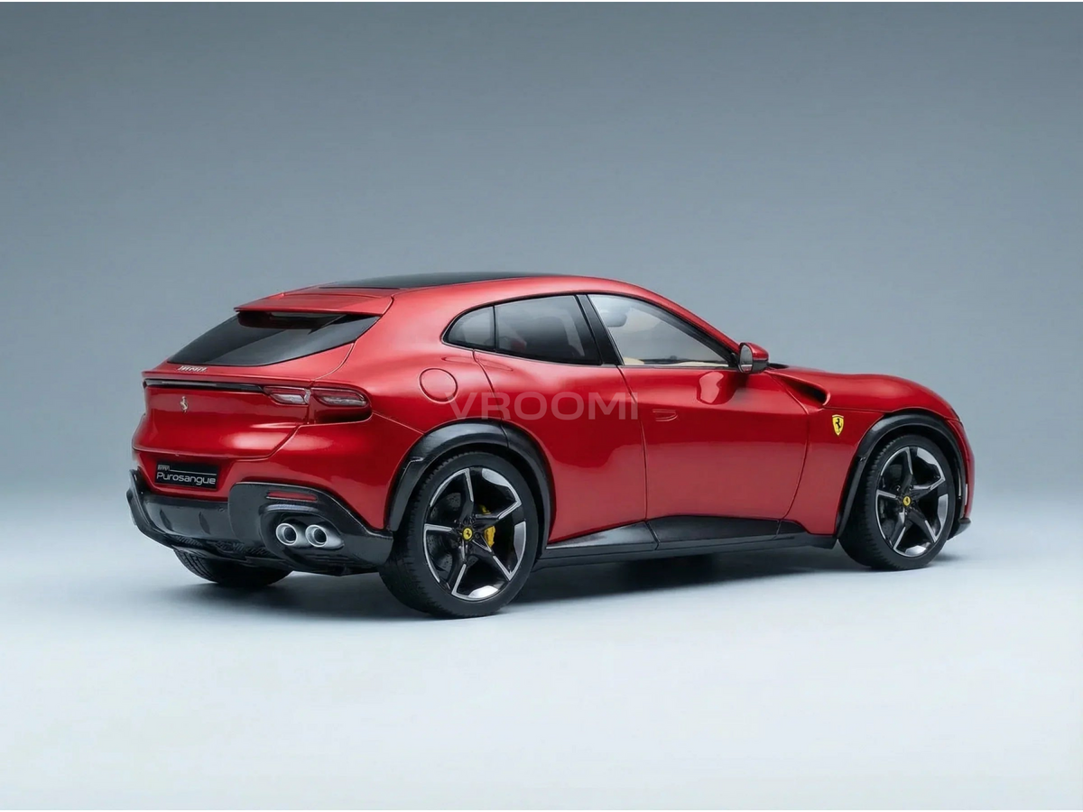 Red Ferrari Purosangue scale model car from Vroomi, showcasing sleek design and detailed finish.