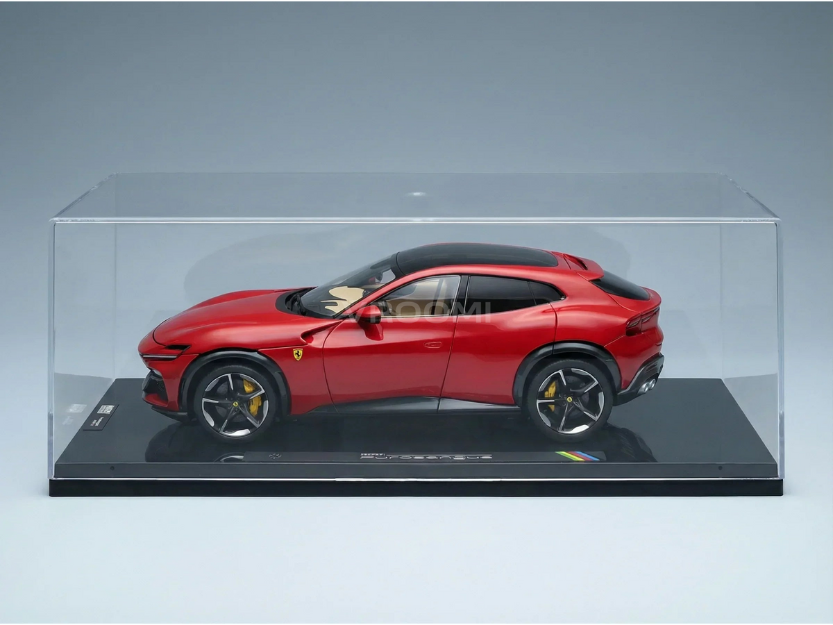 Red Ferrari scale model car in display case, showcased by Vroomi for collectors