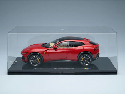 Red Ferrari scale model car in display case, showcased by Vroomi for collectors