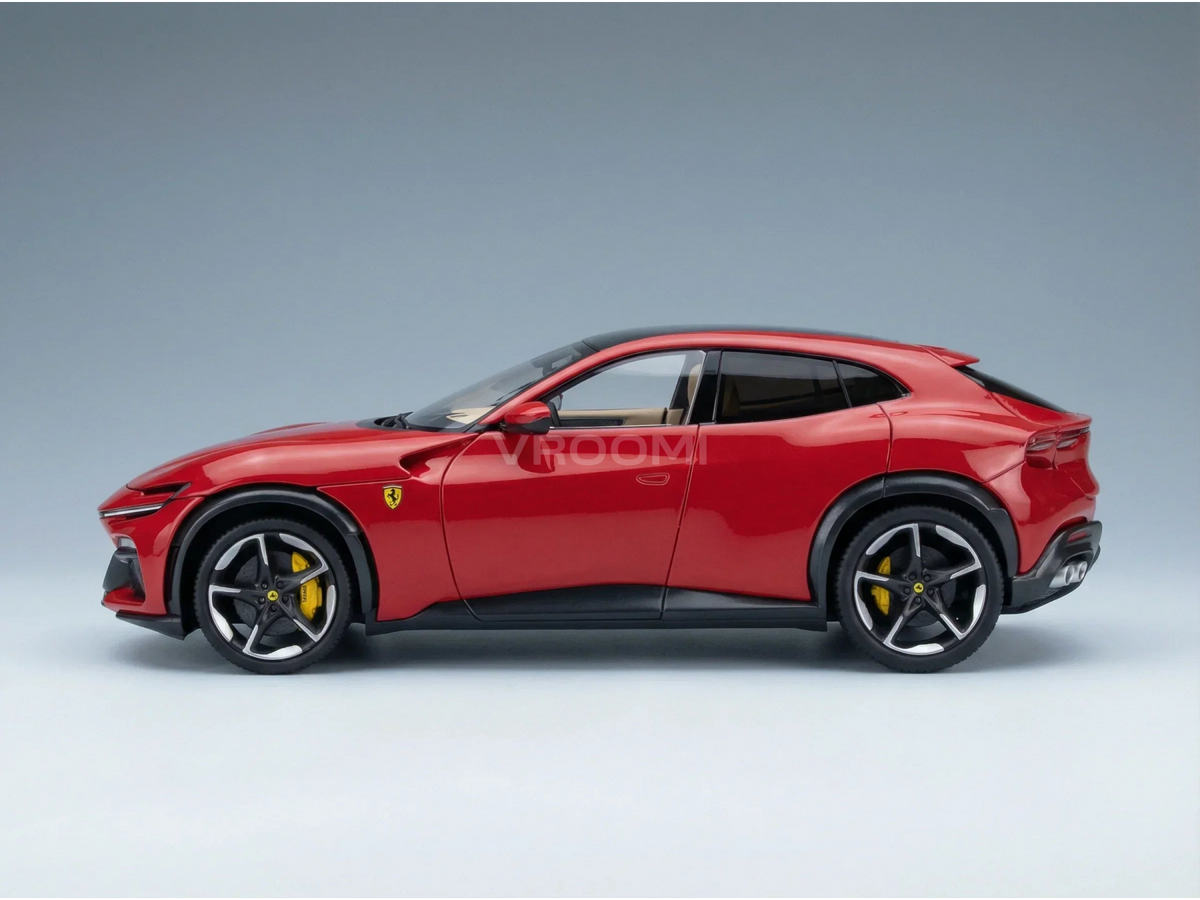 Red Ferrari Purosangue scale model car with yellow brake calipers, showcased by Vroomi for collectors.