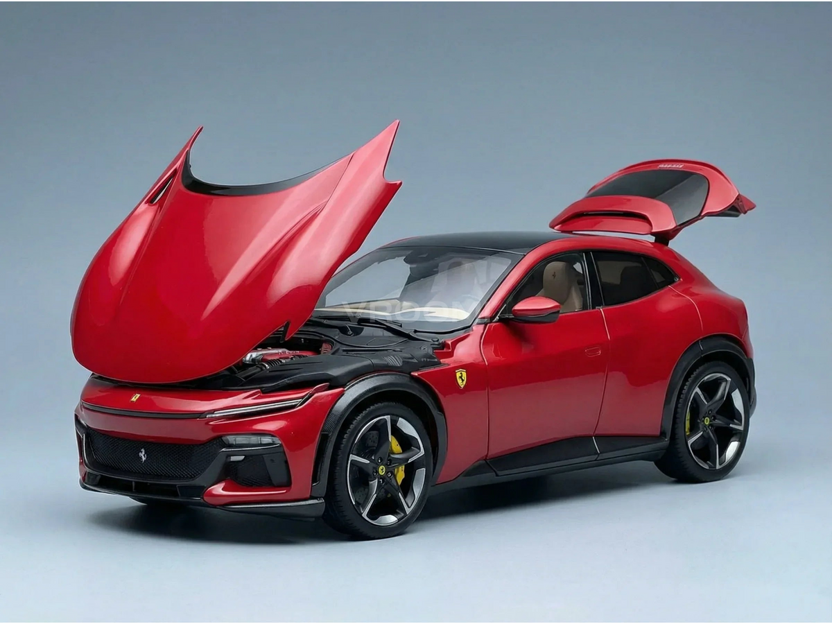 Red Ferrari Purosangue scale model car with open hood and doors, detailed engine, Vroomi collectible