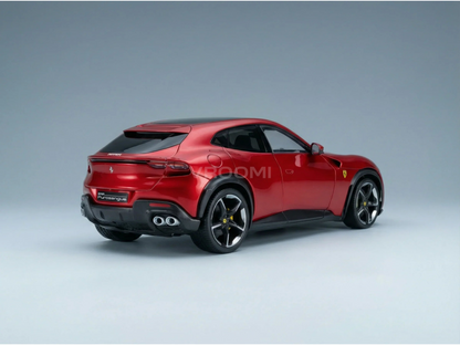 Rotes Ferrari Purosangue-Modellauto von Vroomi, das sich durch ein elegantes Design und eine detailreiche Verarbeitung auszeichnet.