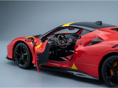 Maquette de Ferrari rouge avec portes ouvrables, intérieur détaillé, jantes noires et touches de jaune — Vroomi
