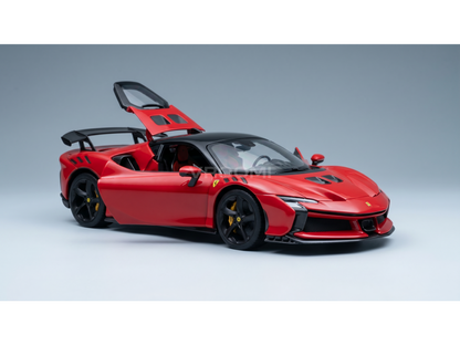 Maquette de la Ferrari SF90 Stradale rouge avec porte ouverte, présentée par Vroomi pour les collectionneurs