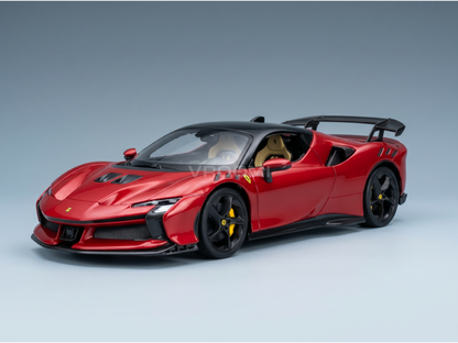 Maqueta a escala del Ferrari SF90 Stradale rojo con detalles en negro, presentada por Vroomi para coleccionistas.