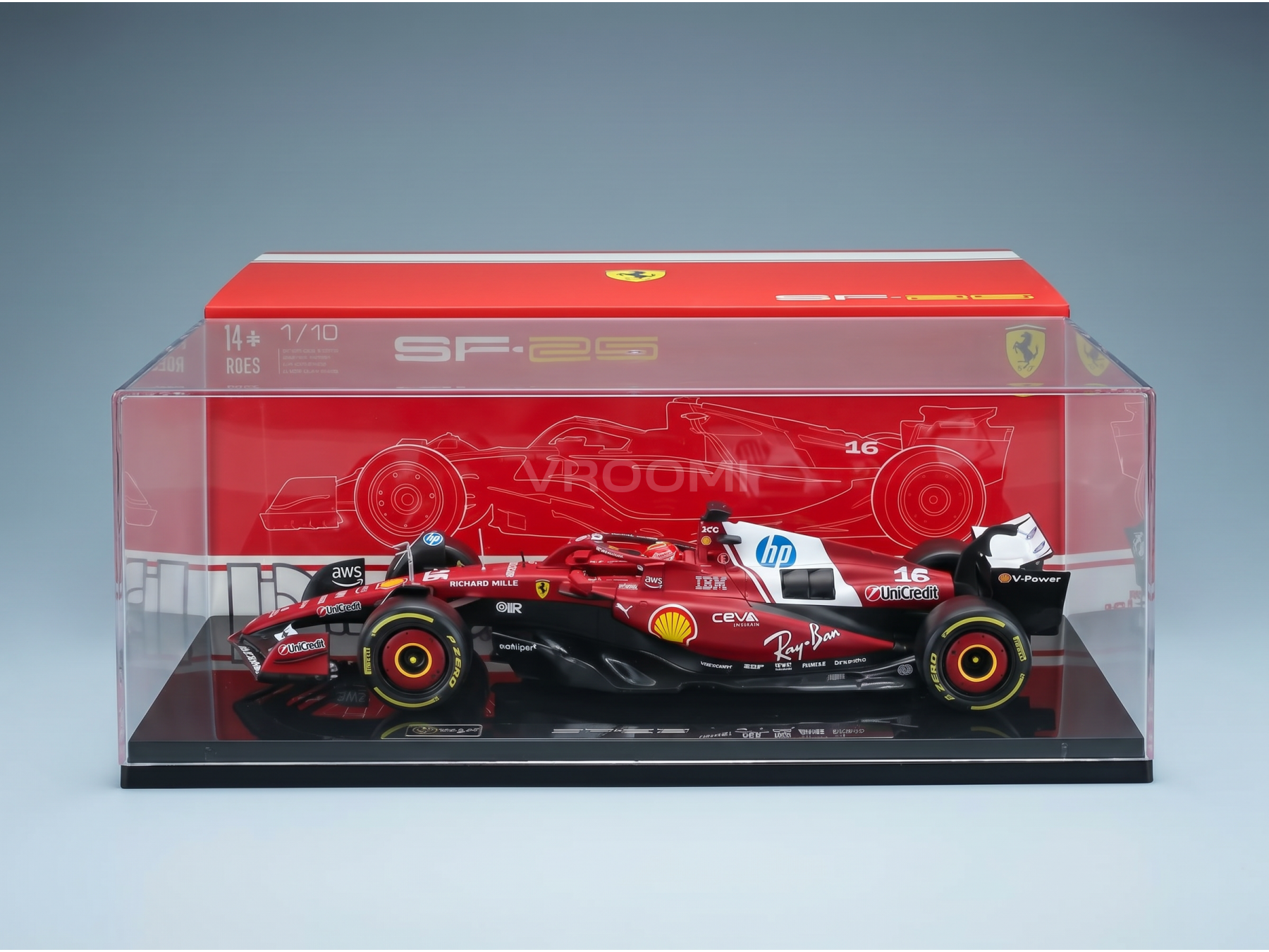 Maquette de voiture Ferrari SF-25 rouge dans une vitrine, collection Vroomi pour collectionneurs