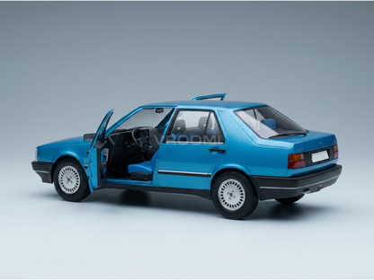 Blue scale model car with open doors, detailed interior, showcased by Vroomi for collectors