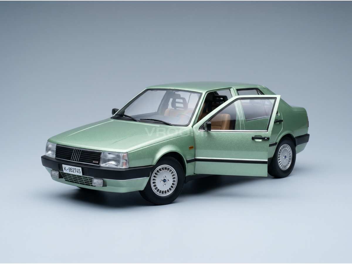 Green scale model car with open door, detailed interior, from Vroomi