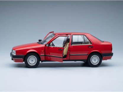 Red scale model car with open doors, detailed interior, showcased by Vroomi for collectors