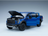 Voiture miniature Ford Raptor bleue avec capot et portes ouverts, moteur détaillé, chez Vroomi.