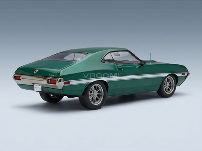 Green scale model car with white stripes, showcased by Vroomi for collectors.
