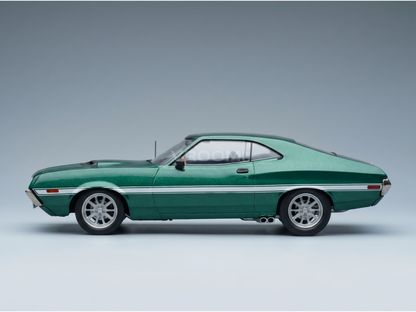 Green scale model car with white stripes, showcased by Vroomi for collectors.