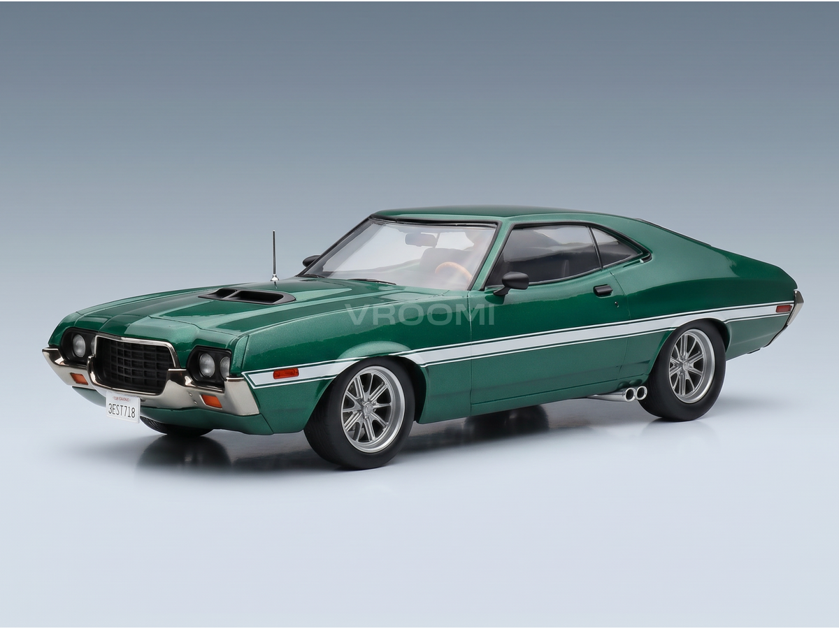Green scale model car with white stripes, detailed grille and rims — Vroomi collector replica