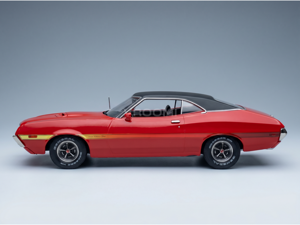 Red 1970s muscle car scale model with black roof, gold stripe, and General tires — Vroomi