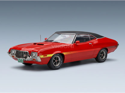 Red 1970s Ford Gran Torino scale model car with black roof, yellow stripe, and Vroomi branding