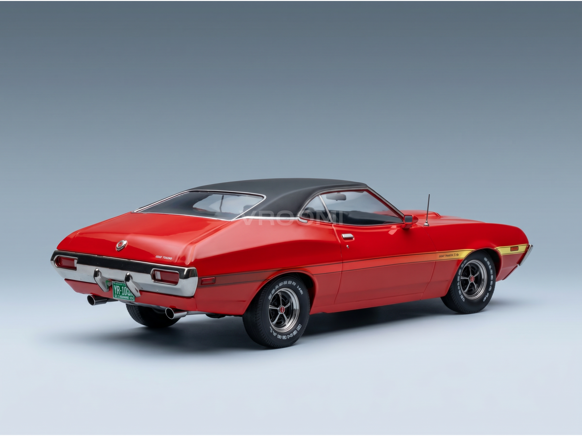 Red 1970s muscle car scale model with black roof, gold stripe, and chrome details — Vroomi