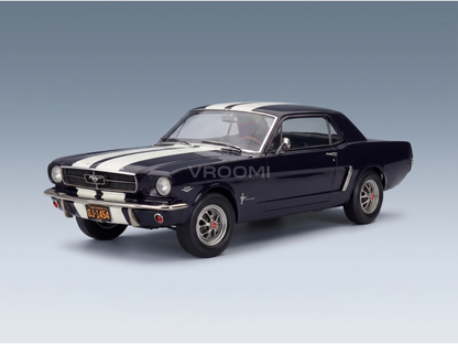 1965 Ford Mustang GT 2+2 Fastback scale model car in dark blue with white stripes, Vroomi