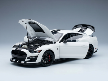 White Ford Mustang GT scale model car with open hood and trunk, detailed engine, black stripes, at Vroomi
