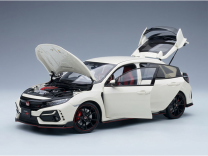 Wit schaalmodel van de Honda Civic Type R met open motorkap, deuren en kofferbak, voorzien van rode accenten en zwarte velgen — Vroomi
