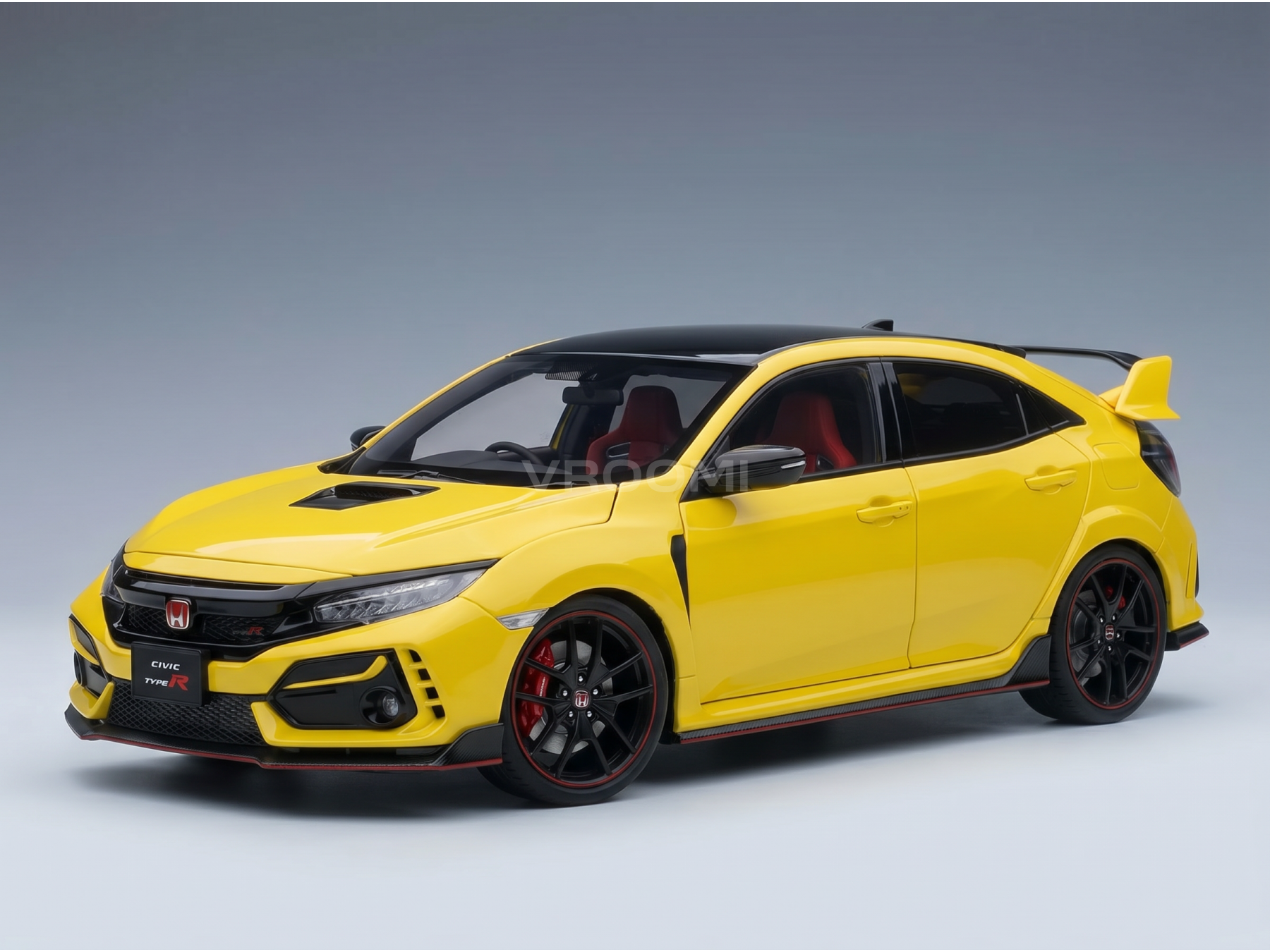 Yellow Honda Civic Type R scale model car with black accents, red interior, and Vroomi branding