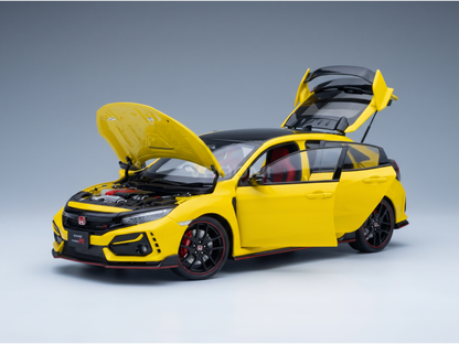 Yellow Honda Civic Type R scale model car with open doors and hood, showcased by Vroomi