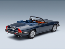 Blue Jaguar XJS V12 convertible scale model car from Vroomi, showcasing detailed interior and classic design.