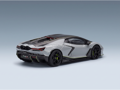 Gray Lamborghini Revuelto scale model car with carbon fiber details, showcased by Vroomi