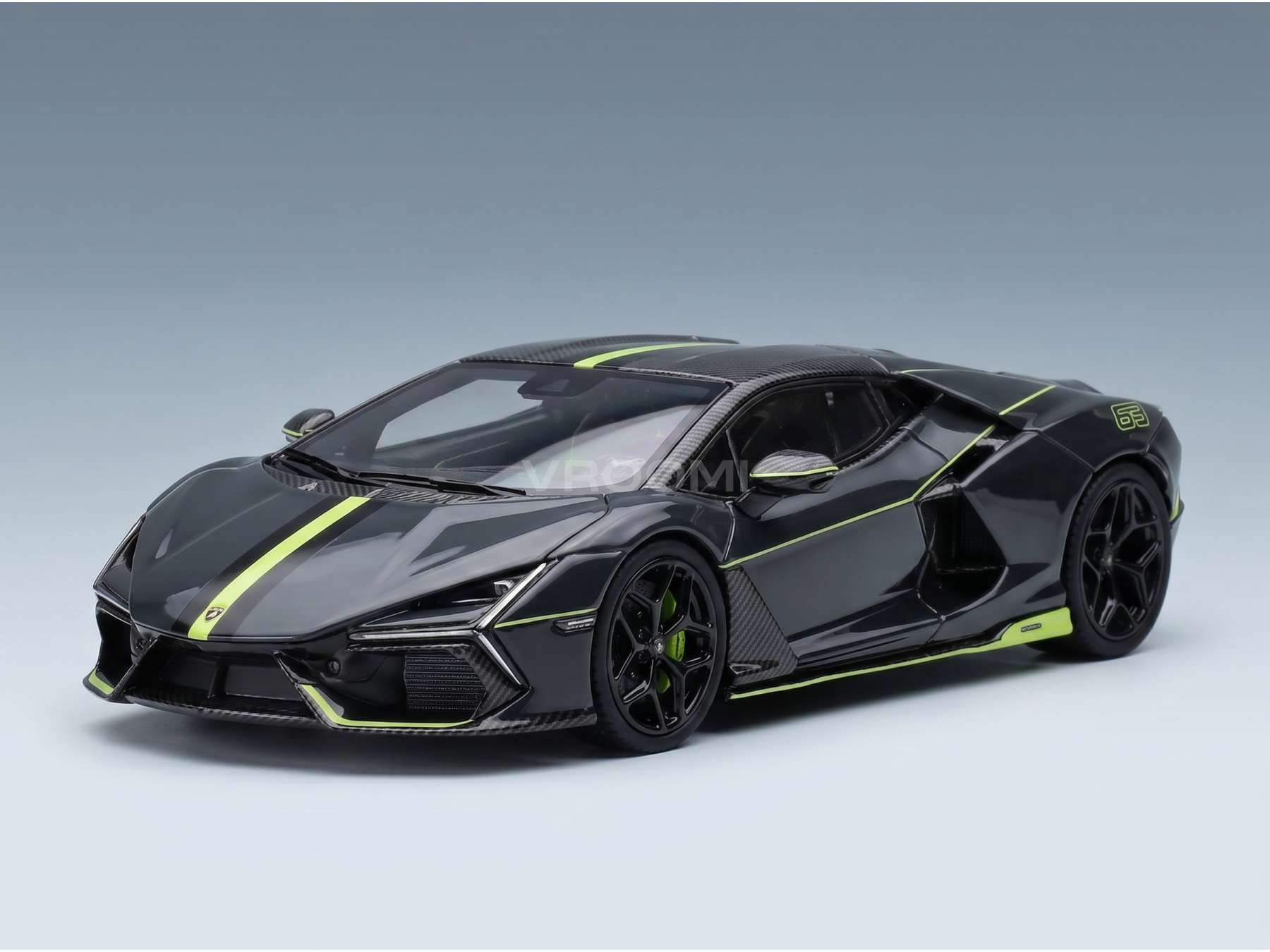 Black Lamborghini Sián FKP 37 scale model car with lime green accents, carbon fiber details, and Vroomi branding.